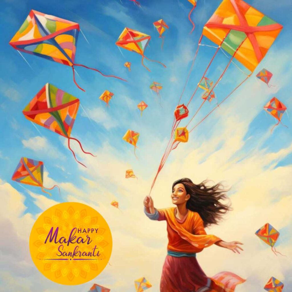 Young Girl Enjoying Flying a Colorful Kite During Makar Sankranti Festival, Surrounded by a Multitude of Kites of Different Shapes and Color in a Mesmerizing Yellowish-blue Sky.