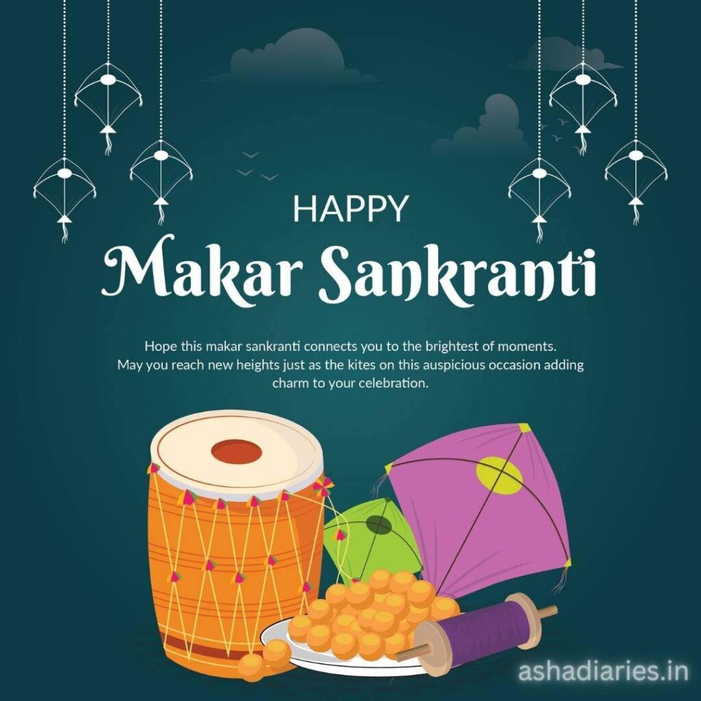 Happy Makar Sankranti Greeting on Blue-green Background - Wishing Bright Moments and New Heights