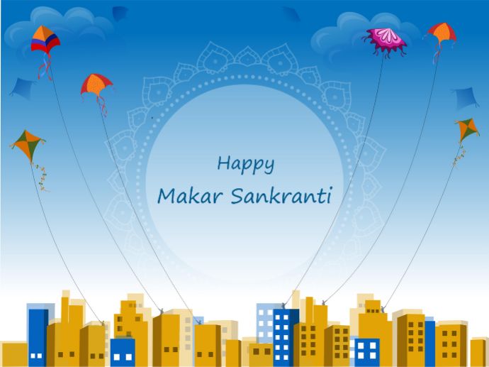 Happy Makar Sankranti Designer Poster with Colorful Kites Flying High over High Rise Residential Buildings on Blue Background