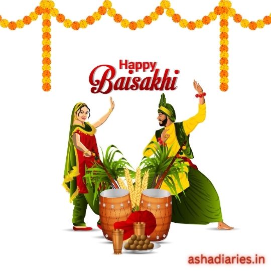 the Image Depicts an Illustration Celebrating the Festival of Baisakhi, a Significant Festival for Sikhs and Punjabis, Marking the Punjabi New Year and the Spring Harvest Season. in the Center, There Are Two Animated Characters, a Man and a Woman in Vibrant Traditional Punjabi Attire, Performing a Folk Dance Called Bhangra, Typically Associated with the Festival. the Man is Wearing a Yellow Kurta with Green Dhoti Pants and a Turban, While the Woman is Dressed in a Red Salwar Kameez with a Green Dupatta with Yellow Border. in Front of Them Are Two Decorated Drums (dhol) Are Placed and the Two Glases with What Appears to Be Milk or Lassi, a Traditional Punjabi Drink. Around the Scene Are Marigold Flower Garlands, Which Are Often Used for Decoration During Indian Festivities. the Text "happy Baisakhi" is Prominently Displayed at the Top, Indicating the Celebration.