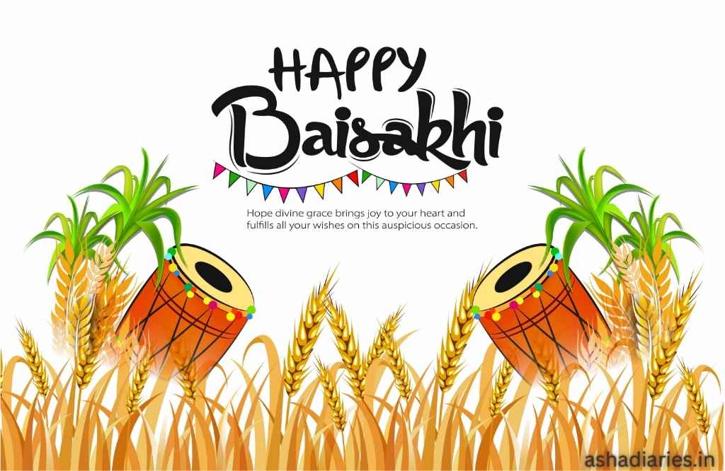 Happy Baisakhi Greeting Card with a Festive Background. Illustration Includes Golden Wheat Sheaves, Two Decorated Dhol Drums, and Colorful Bunting. a Message Wishes for Divine Grace and Joy in the Heart, Fulfilling All Wishes on This Auspicious Occasion.