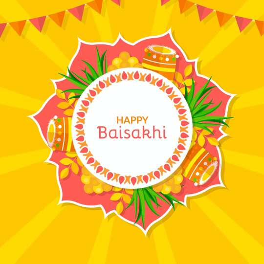 Graphic Illustration Wishing 'Happy Baisakhi' with a festive design, featuring a circular center surrounded by wheat stalks, traditional Indian drum instruments, and flower petals, set against a bright yellow background banners.