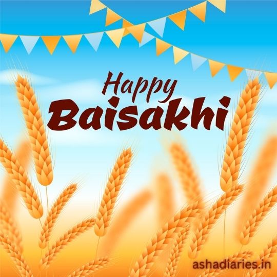 "happy Baisakhi" Festive Graphic with Golden Wheat Sheaves in the Foreground on a Bright Blue Sky Background, Decorated with Yellow and White Triangular Bunting Flags.