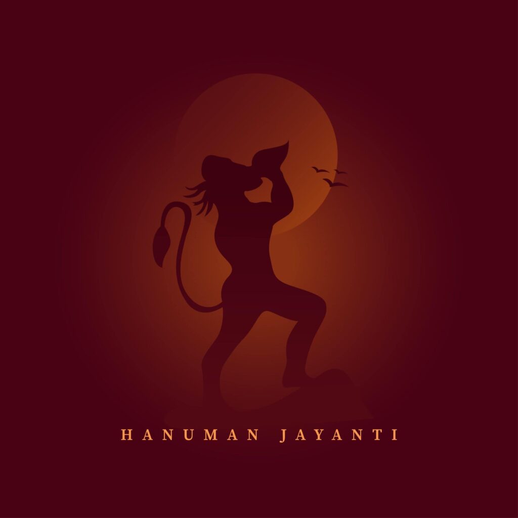 an Illustration of a Silhouette of Lord Hanuman Set Against a Full Moon, with Birds Flying in the Background, Celebrating Hanuman Jayanti.