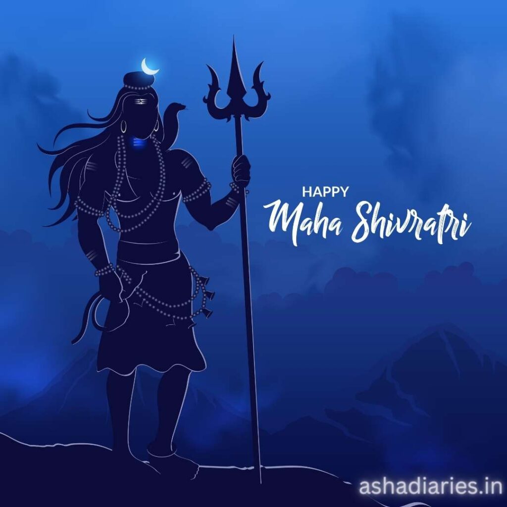 Illustration of a Deity with a Trident, Long Hair, and a Crescent Moon on the Head, with the Greeting 'Happy Maha Shivaratri' against a backdrop of mountains and a blue night sky.