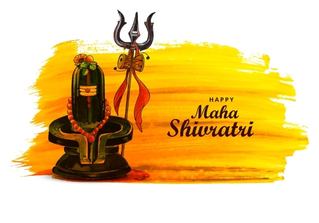 Illustration for the Celebration of Maha Shivaratri Featuring a Shivling Adorned with Flowers and a Red and Yellow Sacred Thread, Alongside Lord Shiva's trident, against a vibrant yellow background with the greeting 'Happy Maha Shivaratri' written on it.