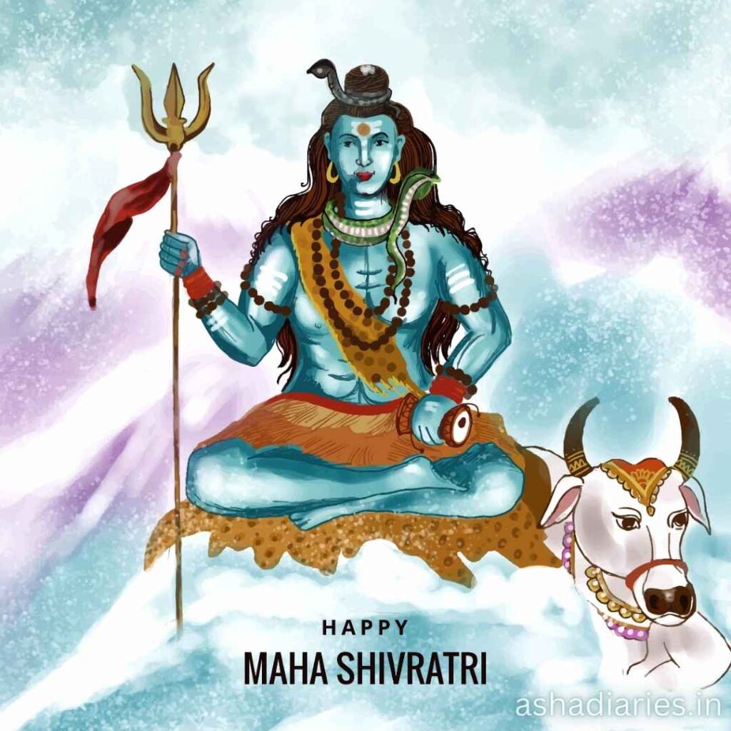 a Digital Illustration Depicting Lord Shiva Seated with a Trident (trishula) in Hand, Adorned with Traditional Attire and Accessories, with a Serene Expression, on the Occasion of Maha Shivratri. a White Bull, Symbolically Representing Nandi, is Present Beside Him, Set Against a Snowy Backdrop with a Festive Greeting.