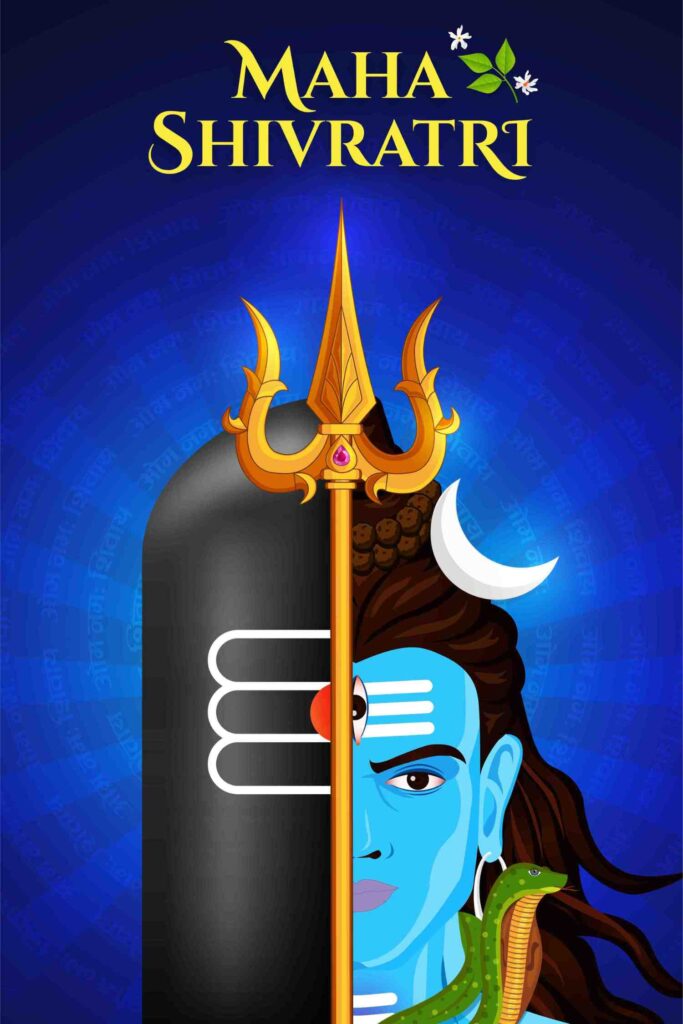 Digital Poster of Maha Shivratri Featuring a Stylized Depiction of the Hindu Deity Lord Shiva. the Image Shows a Close-up of Shiva's blue face with traditional markings and a serene expression, a crescent moon adorning his hair, and a green snake around his neck. In the foreground, there is a trident symbolizing Shiva's power, and the Lingam, a representation of Shiva, is partially visible. The background is a radiant blue with 'MAHA SHIVRATRI' written at the top in elegant golden letters, flanked by small white flowers and green leaves.