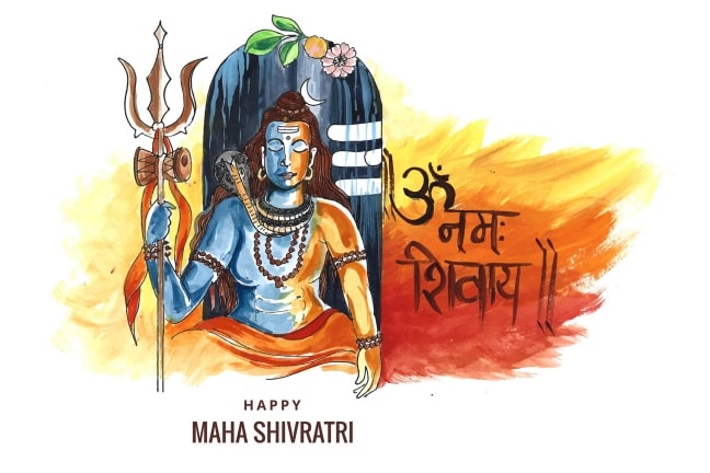 an Illustration of Lord Shiva with a Trident (trishula), Seated with a Blue Body and Orange Cloth Against a Backdrop of a Shiva Linga and a Vibrant Orange and Yellow Splash, with Sanskrit and English Text Celebrating the Festival of Maha Shivaratri.