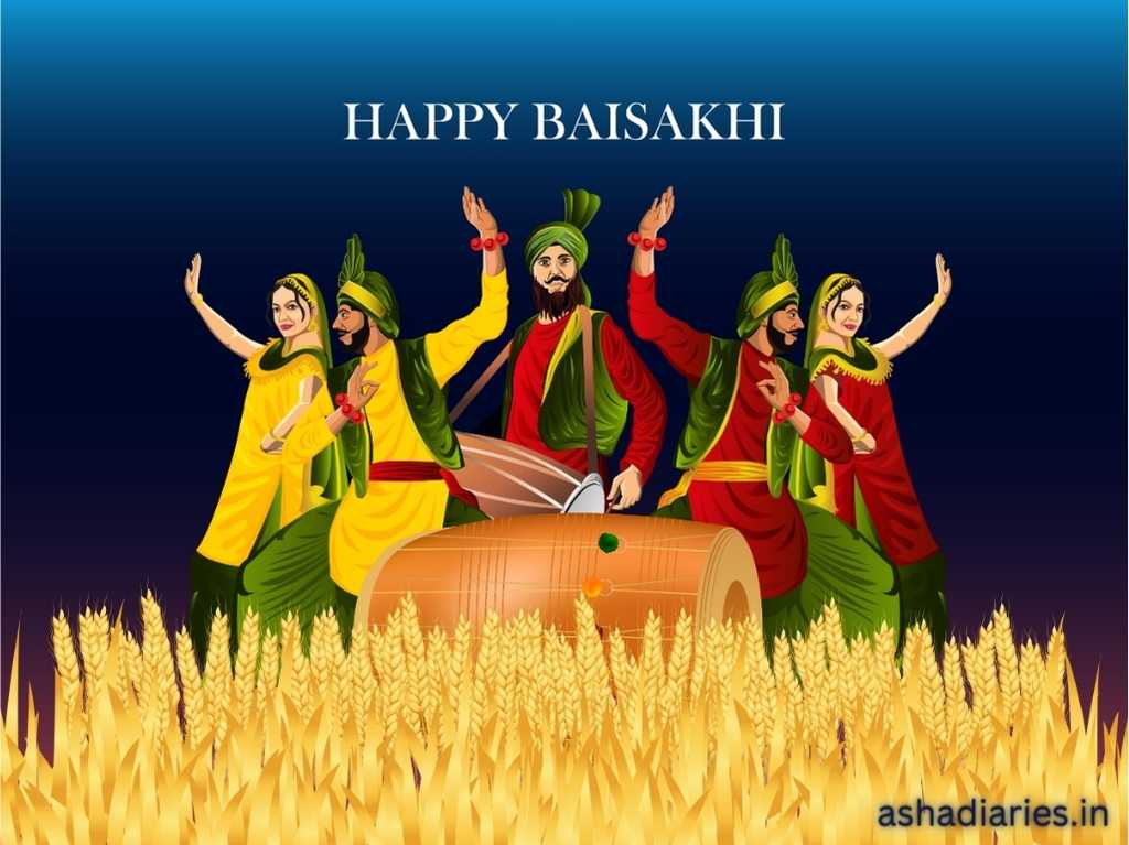 Illustration of Four People, Two Men and Two Women, Performing a Traditional Dance Against a Blue Background with the Text 'HAPPY BAISAKHI'. The men & women wear colourful traditional outfits with turbans. They are standing behind a drum, surrounded by golden wheat sheaves, symbolizing the harvest festival.