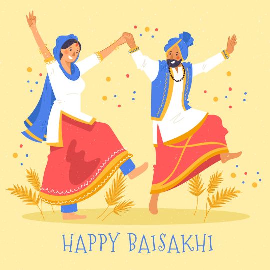 Illustration of a Man and a Woman in Traditional Punjabi Attire Dancing Joyously with Arms Raised, Celebrating Baisakhi, Against a Backdrop of Wheat Stalks and Falling Confetti, with the Greeting 'Happy Baisakhi' at the bottom.