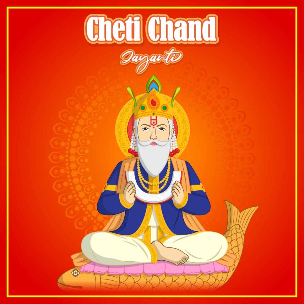 an Illustration of a Cultural Festival Greeting Card, Featuring a Figure Seated in a Traditional Meditative Posture on a Fish, Adorned in Royal Blue and Golden Attire with Elaborate Headgear and Jewelry. the Background is a Warm Orange with Decorative Motifs, and the Words "cheti Chand Jayanti" Prominently Displayed at the Top, Indicating the Celebration of a Significant Day, Likely Associated with a Community or Religious Event.