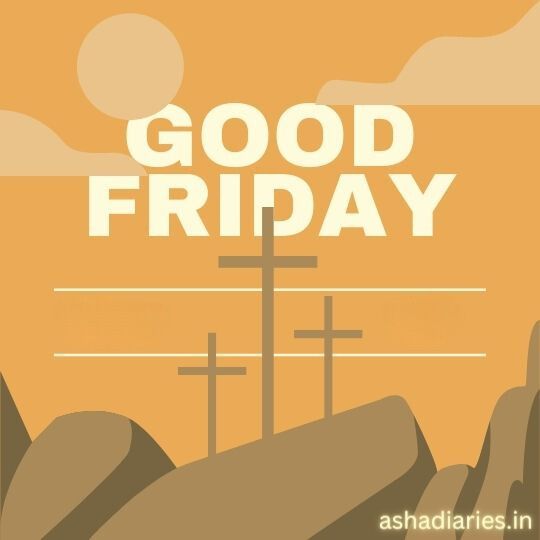 Illustration of Good Friday with Three Crosses on a Hill, Set Against a Warm Orange Background with a Sun Partially Visible at the Top, Symbolizing the Christian Commemoration of the Crucifixion of Jesus.