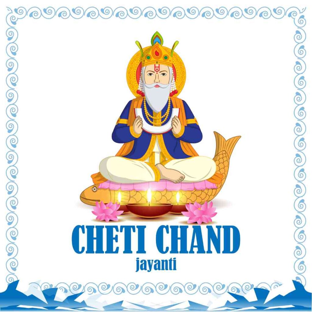 an Illustration for Cheti Chand Jayanti Featuring a Deity Seated on a Lotus Flower Atop a Fish, Surrounded by Water and Floral Decorations, with a Decorative Border.