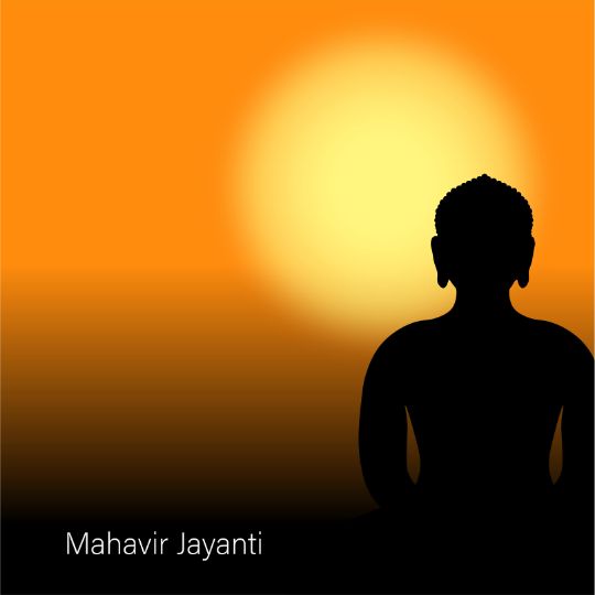 "silhouette of a Meditating Figure Against a Radiant Orange Backdrop, with the Text 'Mahavir Jayanti'.