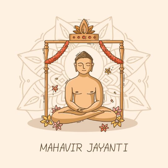 Illustration for Mahavir Jayanti Featuring a Meditating Figure Seated in the Lotus Position Inside a Decorative Frame with a Floral Pattern Background. the Frame is Adorned with a String of Red Beads and Flowers. the Words 'Mahavir Jayanti' are prominently displayed below the figure.