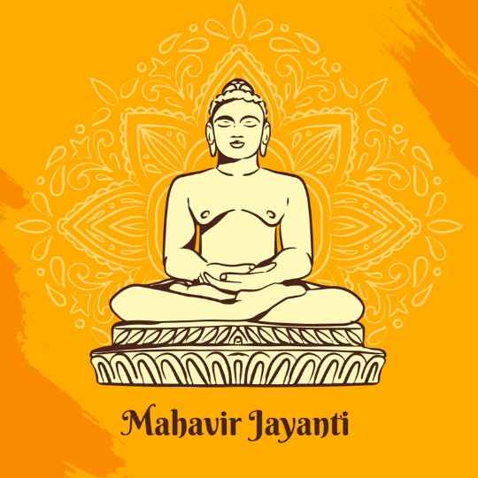 Illustration of Mahavir Jayanti Celebration with a Stylized Drawing of Lord Mahavira in Meditation Pose on a Lotus Pedestal, Against a Vibrant Orange Background with Intricate Mandala Patterns.