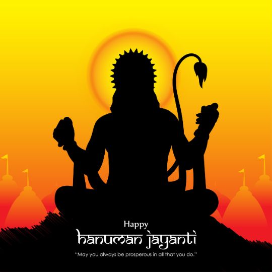 Silhouette of Lord Hanuman Sitting in a Meditative Pose with an Ornate Crown, Against a Sunset Background with an Orange and Yellow Gradient Sky. the Foreground Shows Temple Silhouettes and the Text 'Happy Hanuman Jayanti - "May you always be prosperous in all that you do." is displayed.