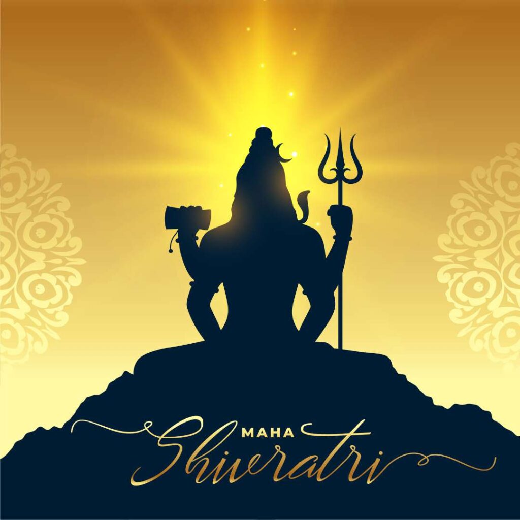 Silhouette of Lord Shiva Sitting on a Mountain Top Holding a Trident and Drum Against a Radiant Golden Background with the Words "maha Shivaratri" Written in Elegant Script Below.