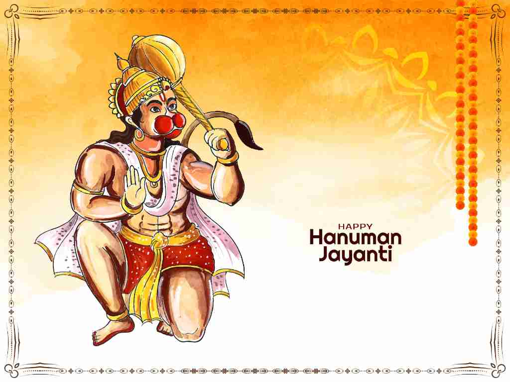 "illustration of Lord Hanuman in Traditional Attire, with a Golden Crown and a Gada (mace) in Hand, Offering a Blessing Gesture. the Background Features Warm Yellow and Orange Hues with Decorative Elements and a Festive Greeting 'Happy Hanuman Jayanti'.