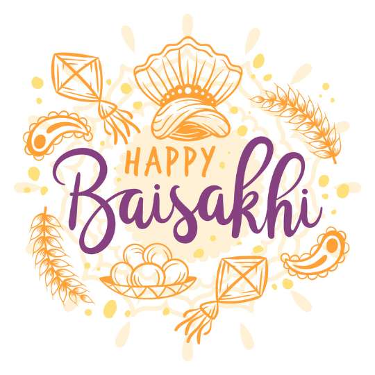 Illustration for Baisakhi Festival Greeting with 'Happy Baisakhi' written in the center, surrounded by wheat sheaves, kites in paisley patterns in a circular design, set against a light background.