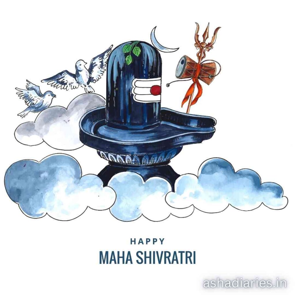 Illustration Celebrating Maha Shivratri, Featuring a Blue Shiva Lingam Adorned with Green Leaves and a Red Flower, Flanked by Two White Doves in Flight on the Left and a Brass Trishul Wrapped in Orange Ribbon on the Right, All Set Against a Backdrop of Fluffy White Clouds.