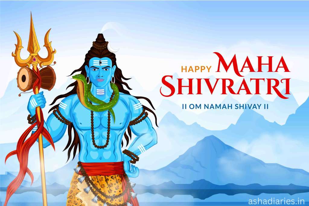 Digital Illustration of a Blue-skinned Deity with Four Arms, Holding a Trident and a Drum, Adorned with a Snake, Beads, and a Tiger-skin Garment, Standing in Front of a Mountain Range with the Text 'Happy Maha Shivratri' and the mantra 'Om Namah Shivay'.