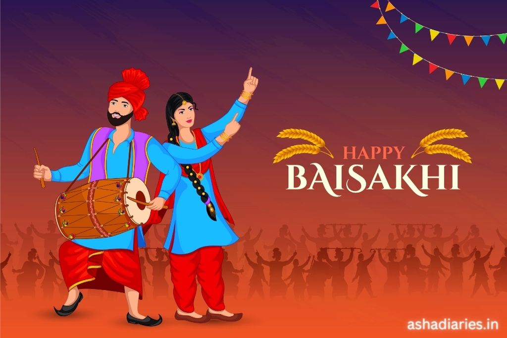 an Illustration of a Man and a Woman in Traditional Punjabi Attire Celebrating the Festival of Baisakhi. the Man is Playing a Dhol, a Traditional Indian Drum, and the Woman is Dancing with One Arm Raised, Pointing Upwards. They Are Both Smiling, Expressing Joy and Festivity. in the Background, There's a silhouette of people dancing, a gradient orange sky, and the text "Happy Baisakhi" flanked by wheat ears, symbolizing harvest, which is a significant aspect of the Baisakhi festival.