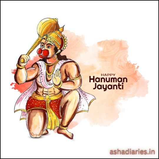 an Illustration of Lord Hanuman in Traditional Attire, with the Greeting "happy Hanuman Jayanti" Written on It.