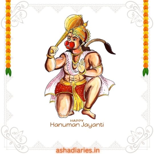 Illustration of Lord Hanuman in a Traditional Pose, Celebrating Hanuman Jayanti, with Festive Decorations and Greetings.