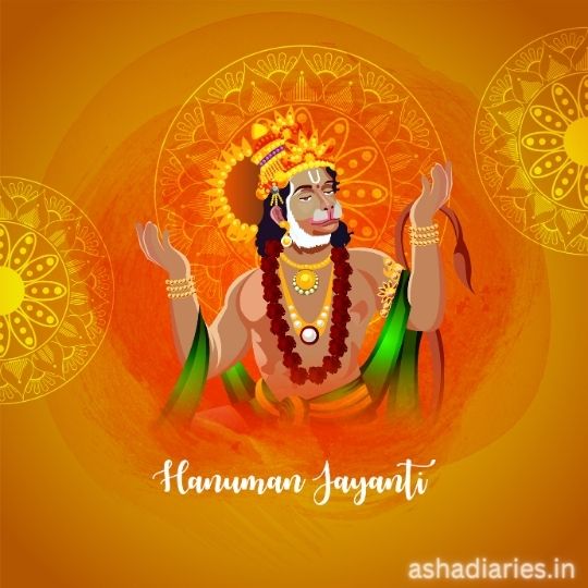 Illustration of Lord Hanuman for Hanuman Jayanti Celebration, Set Against a Vibrant Orange Background with Decorative Motifs.