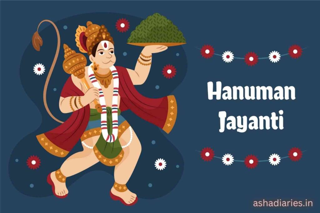 Illustration of Lord Hanuman Carrying a Mountain - Sanjeevni Booti, with the Text 'Hanuman Jayanti' surrounded by decorative flowers on a dark blue background.