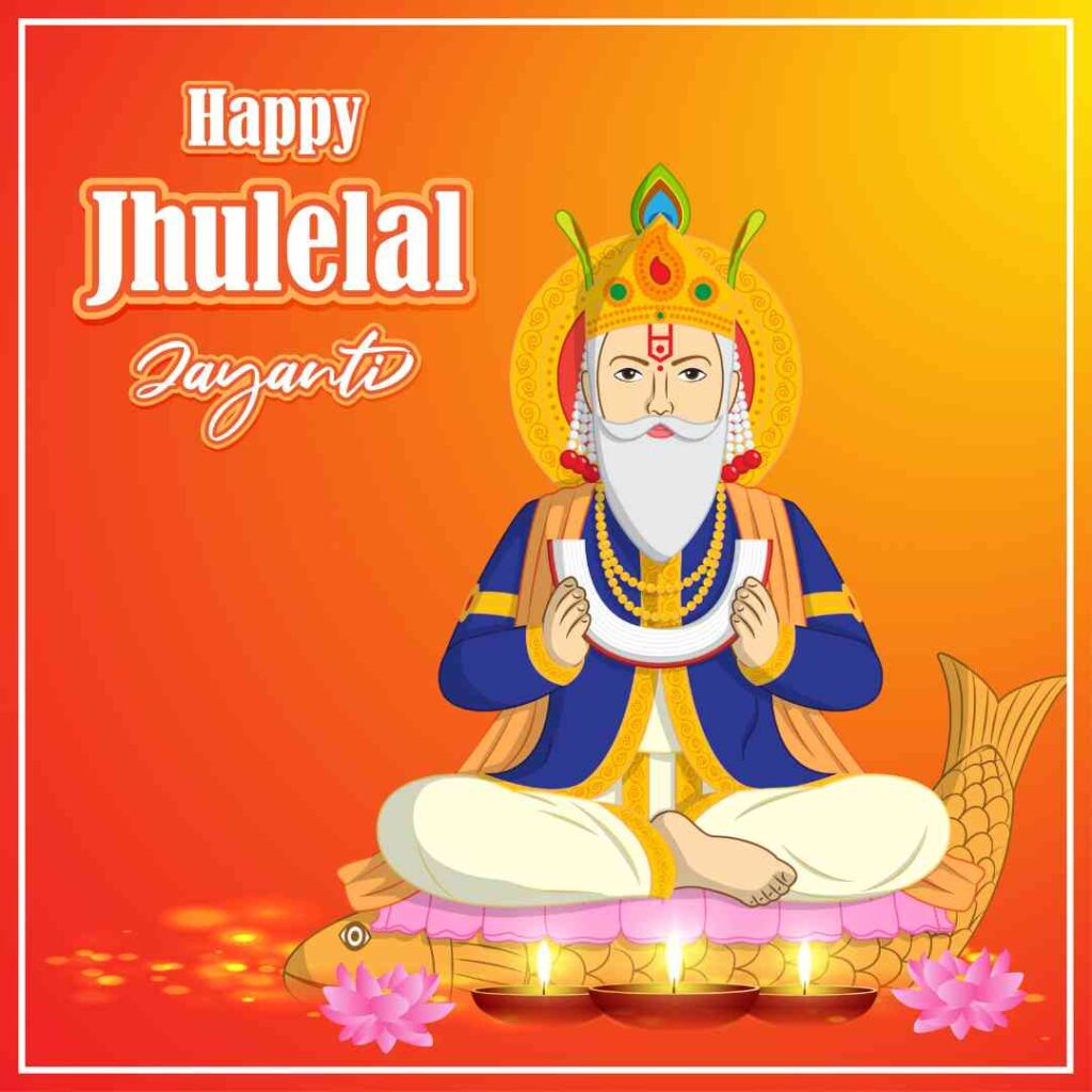 a Graphic Image Celebrating Jhulelal Jayanti with a Stylized Illustration of the Hindu Deity Jhulelal. He is Depicted Sitting on a Large Fish, with a Traditional Halo Around His Head, Wearing Richly Decorated Clothing and Jewelry, Holding a Scripture or Possibly a Sacred Text in One Hand. the Background is Orange with a Festive Greeting "happy Jhulelal Jayanti" in Bold and Decorative Text. There Are Lotus Flowers and Floating Light Elements Around to Enhance the Celebratory Mood of the Occasion.