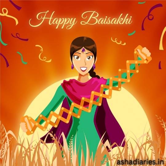 a Digital Illustration Celebrating the Festival of Baisakhi, Featuring a Woman in Traditional Punjabi Attire Performing a Dance Move with One Arm Raised, Holding a Wooden String. She's adorned with ethnic jewellery and a smile, set against a backdrop of wheat fields under an orange sky, with festive decorations and the greeting "Happy Baisakhi" above her.