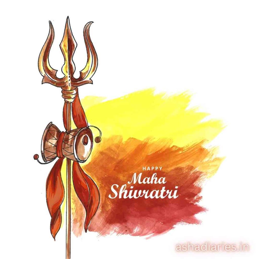 Illustration of a Trishula, a Traditional Hindu Trident, Decorated with a Damaru (small Drum) Tied with a Red Cloth, Against a Vibrant Yellow and Red Watercolor Background with the Text 'Happy Maha Shivaratri'.