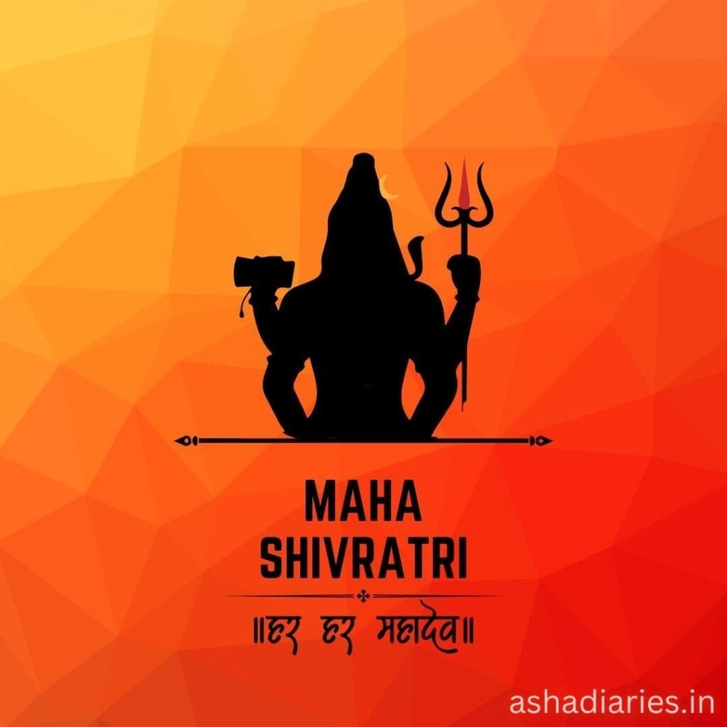 Graphic Image of a Silhouette of a Deity Holding a Trident and a Drum Against a Vibrant Orange Background with Geometric Patterns. Below the Silhouette, the Text 'Maha Shivratri' is written in English and slogan "HAR HAR MAHADEV" written in Hindi.