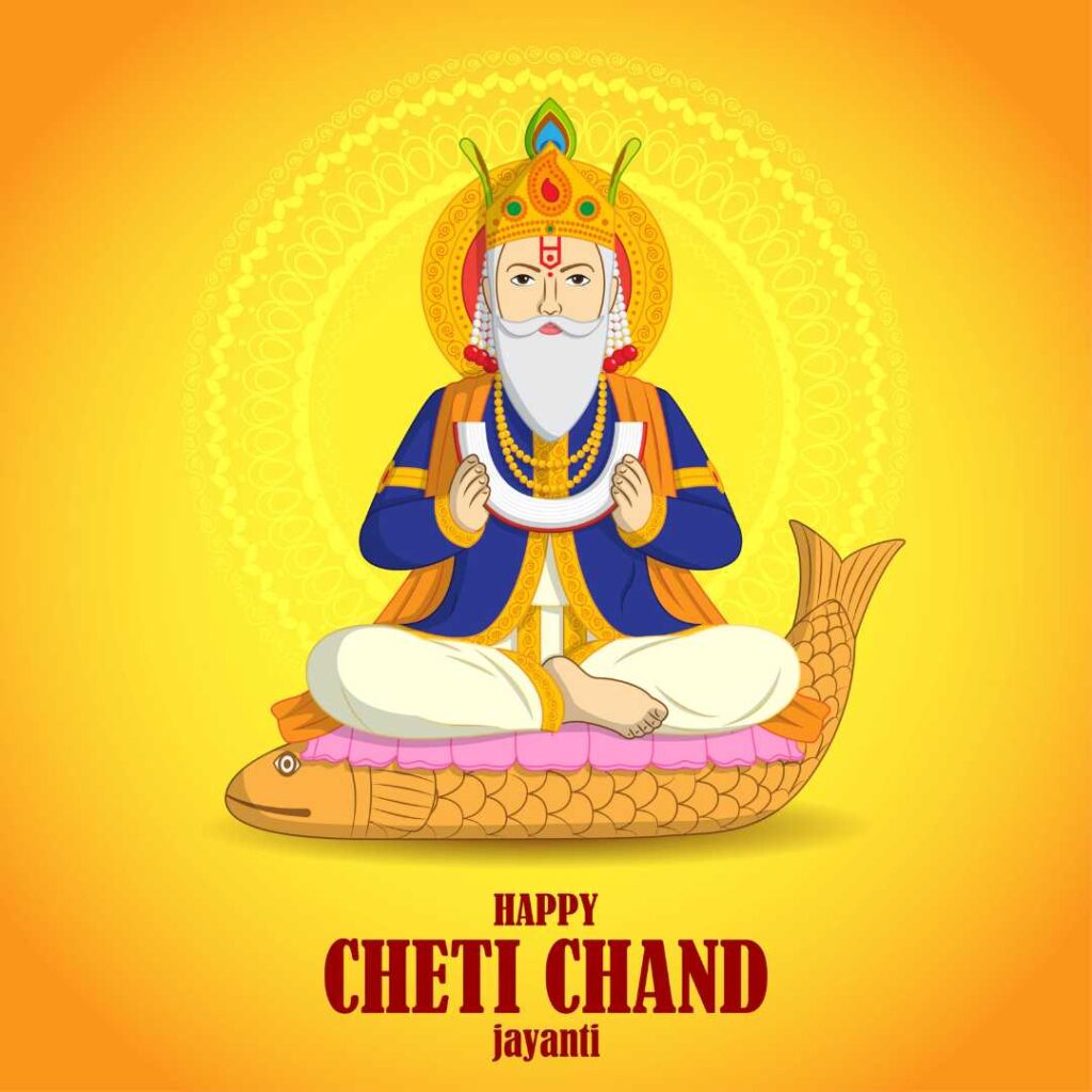 an Illustration of a Deity Sitting on a Fish, with a Yellow Ornamental Background, and a Greeting Message for "happy Cheti Chand Jayanti'.