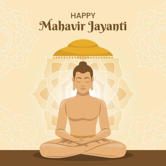 Illustration Wishing 'Happy Mahavir Jayanti' featuring a meditating figure, symbolizing Mahavir, under a golden umbrella with a beige and brown decorative background.