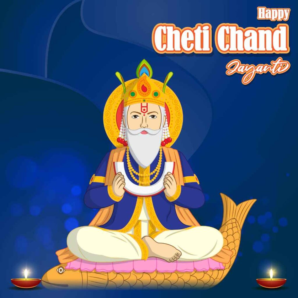 an Illustration for Cheti Chand Festival Featuring a Deity Seated on a Fish, with a Lamp and Greeting Text.