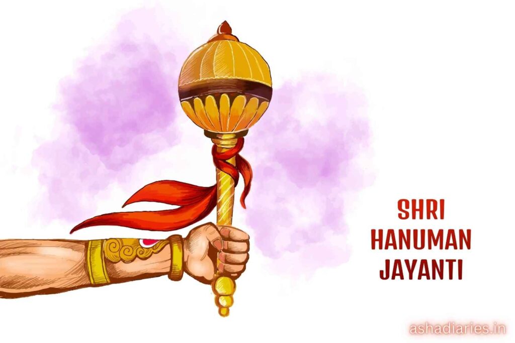 a Hand Holding a Mace with a Saffron Ribbon and the Words "shri Hanuman Jayanti" Written in Red.