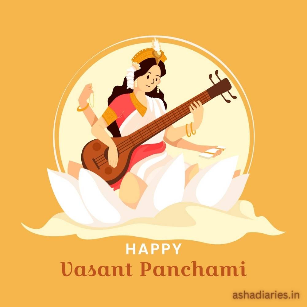 Illustration of a Goddess Playing a Stringed Instrument, Sitting on a Lotus, with the Text 'Happy Vasant Panchami