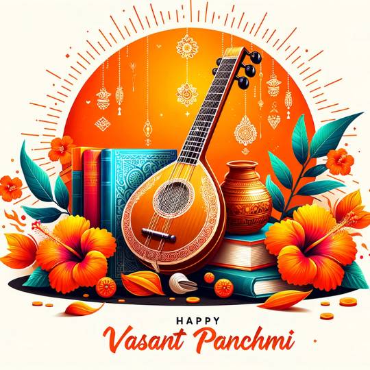 Illustration for Vasant Panchmi Celebration, Featuring a Vibrant Composition with a Stringed Musical Instrument, Books, a Terracotta Pot, and Hibiscus Flowers Against an Ornate Background with a Radiant Sun Motif and Festive Decorations.