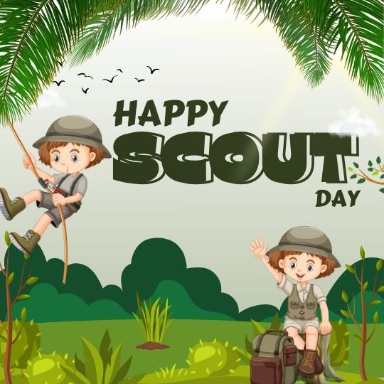 a Graphic Celebrating "happy Scout Day" with Two Cartoon Children Dressed in Scout Uniforms. One Child is Climbing a Rope, and the Other is Sitting on a Suitcase with a Hand Raised in Greeting. They Are Surrounded by a Natural Landscape with Palm Trees, Grass, and a Clear Sky with Birds Flying in the Distance.