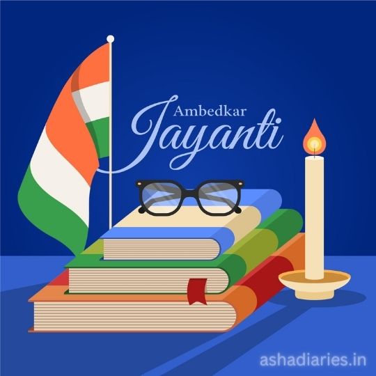 an Illustration for Ambedkar Jayanti Celebration with Indian Flag, a Stack of Books, a Pair of Spectacles, and a Lit Candle on a Saucer.