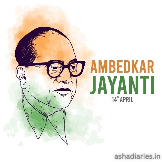 an Illustration Commemorating Ambedkar Jayanti on 14th April, Featuring a Stylized Portrait of Dr. B.r. Ambedkar Set Against a Backdrop of Orange and Green Watercolor Splashes.