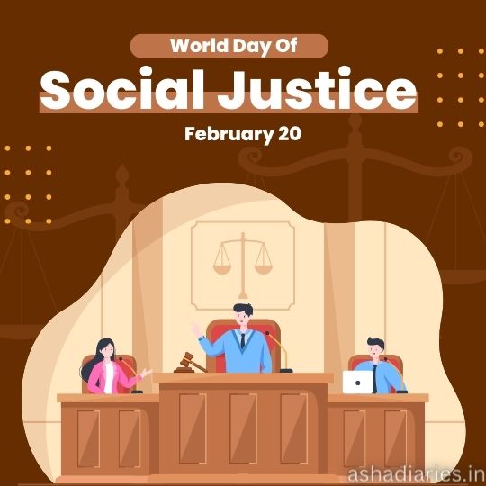 Illustration for World Day of Social Justice on February 20, Featuring a Judge Presiding over a Courtroom with a Female and Male Advocate or Lawyers Sitting at Tables, Representing the Scales of Justice in the Background.