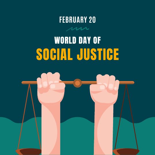 Illustration Commemorating World Day of Social Justice on February 20, Featuring Two Raised Fists Holding a Balance Scale, Symbolizing the Fight for Equality and Justice, Against a Teal Background.