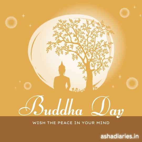 Illustration for Buddha Day Featuring a Silhouette of Buddha Meditating Under a Tree, with a Full Moon in the Background, on a Warm Orange Background with Glowing Stars. Text Reads: 'Buddha Day - Wish the peace in your mind'.