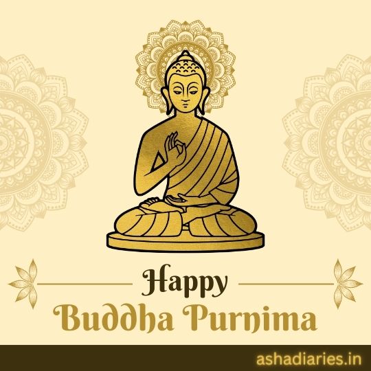 Illustration of Buddha Sitting in Meditation with a Halo Around the Head, on a Decorative Background with the Greeting 'Happy Buddha Purnima'.