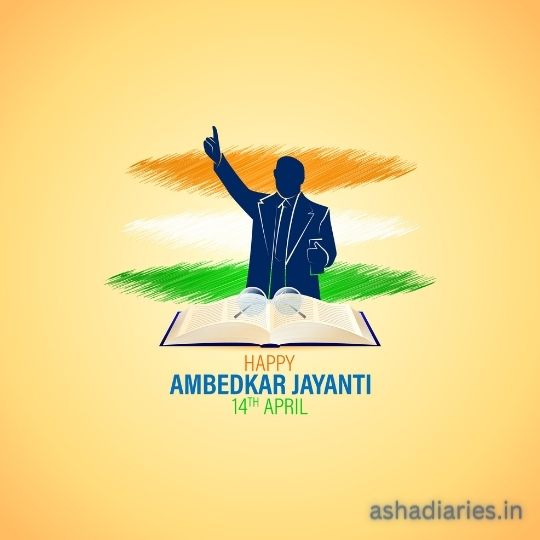 an Illustration Celebrating Ambedkar Jayanti on 14th April, with a Silhouette of Dr. B.r. Ambedkar, the Indian Jurist, Economist, and Social Reformer Who Inspired the Dalit Buddhist Movement, Depicted Against the Backdrop of a Book with the Indian Tricolor Above.